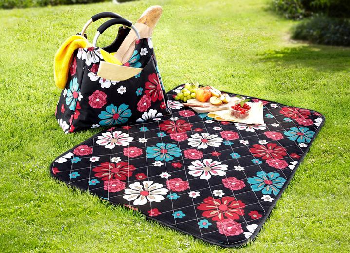 Haushaltshelfer - Korbtasche mit Picknickdecke, in Farbe SCHWARZ-ROT-BLA Ansicht 1