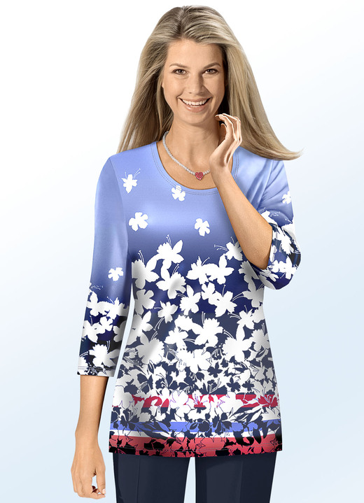 Damenmode - KLAUS MODELLE Pullover mit Inkjet-Druck, in Größe 038 bis 054, in Farbe BLAU-WEISS-MULTICOLOR