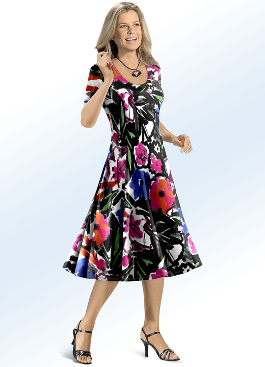 Damenmode - Kleid in farbbrillantem Inkjet-Druck, in Größe 019 bis 054, in Farbe SCHWARZ-BUNT