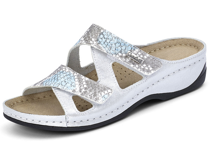 Komfortschuhe - ELENA EDEN, bequeme Damen-Pantoletten, Weite G, mit Klettverschluss, in Größe 036 bis 042, in Farbe SILBER-TÜRKIS