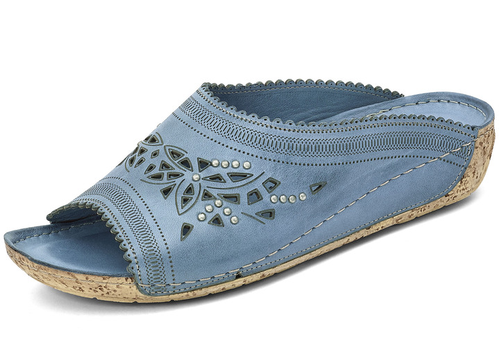 - Gemini Pantolette mit fantasievoller Prägung, in Größe 036 bis 042, in Farbe JEANS