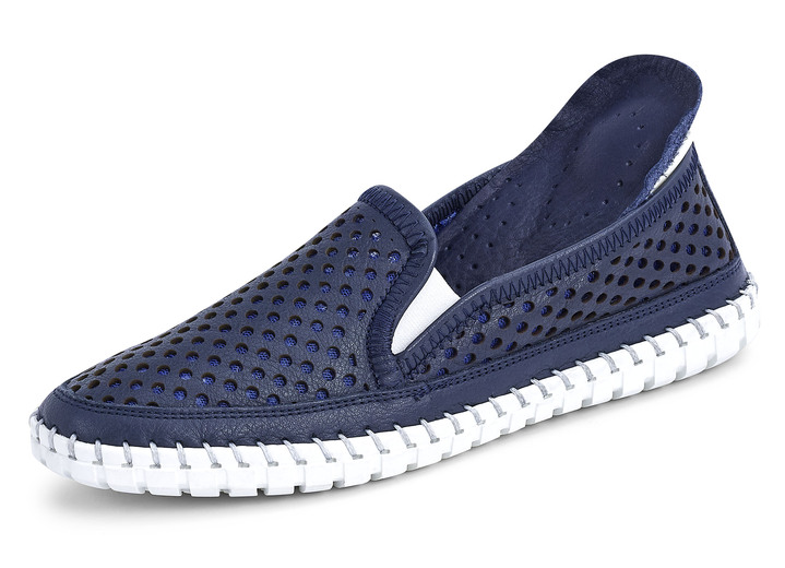 Komfortschuhe - Gemini Slipper mit sommerlich perforiertem Rind-Nappaleder, in Größe 036 bis 041, in Farbe MARINE Ansicht 2