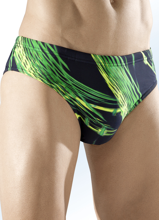 Bademode - Badehose in Slipform mit buntem Druckdessin, in Größe 004 bis 009, in Farbe SCHWARZ-GRÜN-GELB Ansicht 1