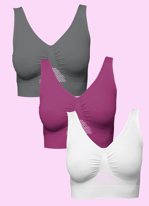 Aktiv- und Sportmode - Dreierpack Sport-BH „Sporty“ Ansicht 2 Aktiv- und Sportmode - Dreierpack Sport-BH „Sporty“, in Größe 3XL bis XXL, in Farbe WEISS-ANTHRA-BEERE Ansicht 2