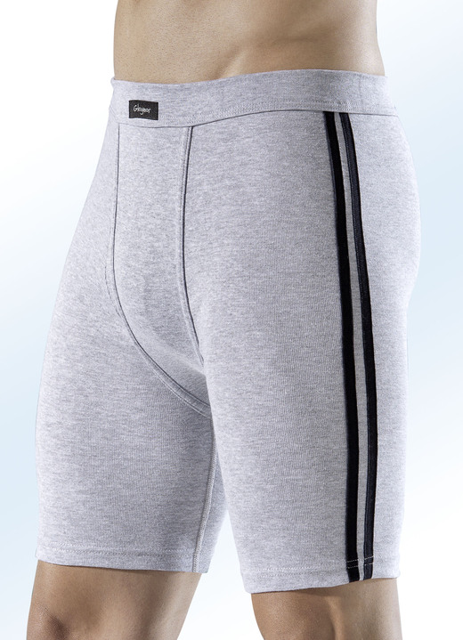 Unterwäsche - Viererpack Unterhosen mit seitlichen Kontraststreifen, knielang, in Größe 005 bis 011, in Farbe 2X GRAU MELIERT-SCHWARZ, 2X SCHWARZ-GRAU MELIERT