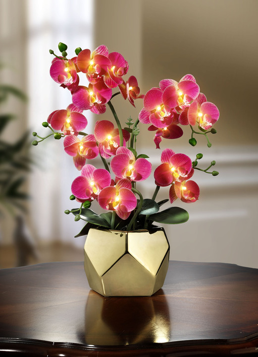 Kunst- & Textilpflanzen - Beleuchtetes Orchideen-Gesteck, in Farbe FUCHSIA-GOLD