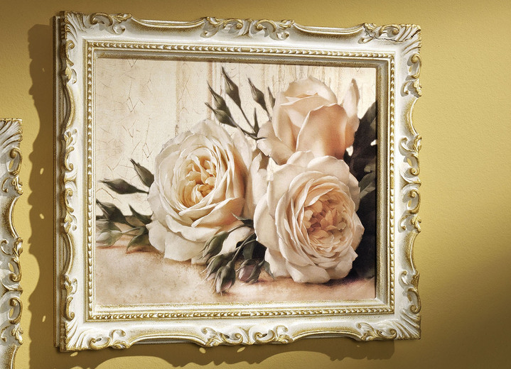 Blumen - Bild Rosen mit edlem Holzrahmen, in Farbe WEIß/GOLD, in Ausführung nach links zeigende Rosen Ansicht 1