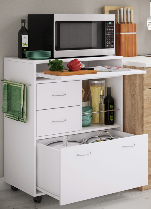 Küchenmöbel - Küchenrollwagen mit ausziehbarer Arbeitsfläche, in Farbe WEISS Ansicht 1