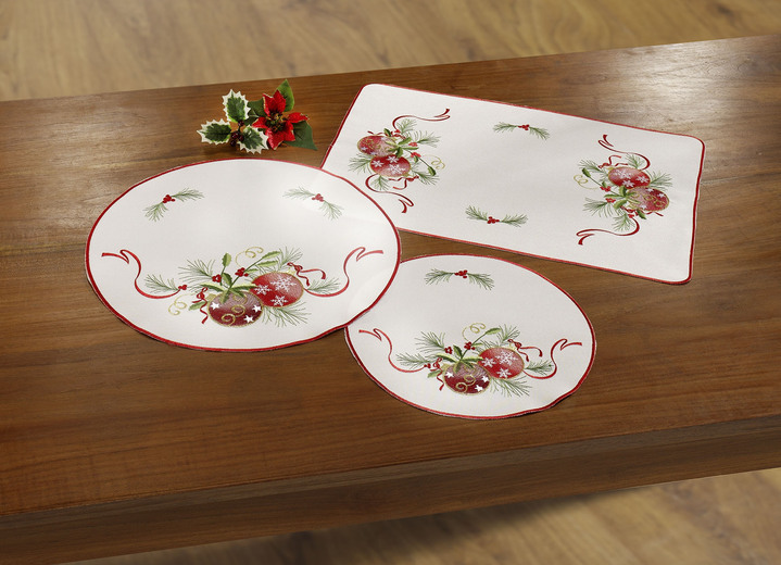 Tischdecken - Festliche Tisch- und Raumdekoration mit Christbaumkugel-Motiven, in Größe 102 (Läufer, 40/ 85 cm) bis 404 (Kissenbezug, 40/ 40 cm), in Farbe SEKT-BUNT Ansicht 1