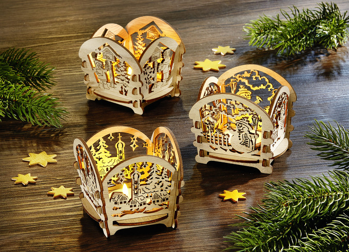 Weihnachtliche Dekorationen - Teelichthalter aus Holz, 3er-Set, in Farbe NATUR-BRAUN