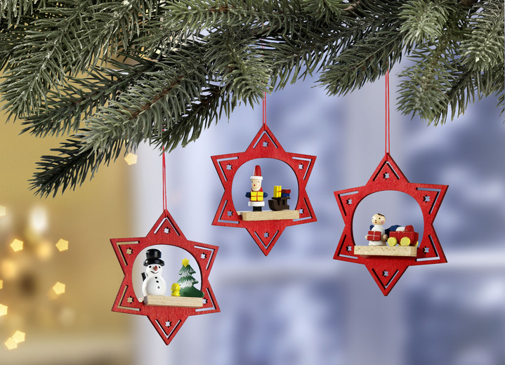 Weihnachtliche Dekorationen - Baumhänger aus Holz, 3er-Set, in Farbe ROT