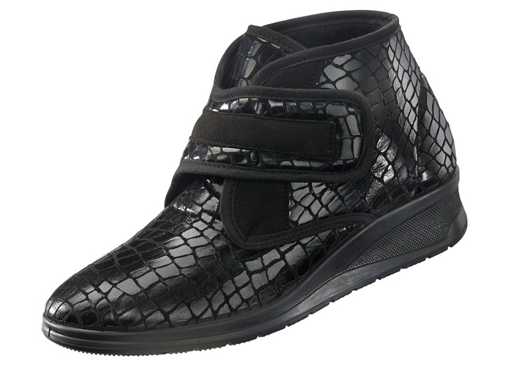 Stiefel - Klett-Stiefelette in Kroko-Optik, in Größe 036 bis 042, in Farbe SCHWARZ Ansicht 1