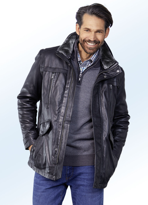 Ledermode - Lederjacke mit Doppeltaschen, in Größe 048 bis 064, in Farbe SCHWARZ Ansicht 2