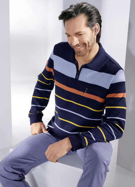Hemden, Pullover & Shirts - Poloshirt mit kurzem Reißverschluss, in Größe 046 bis 062, in Farbe MARINE-BUNT