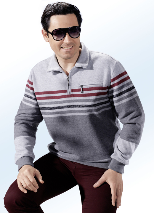 Hemden, Pullover & Shirts - Troyer mit kurzem Reißverschluss, in Größe 046 bis 062, in Farbe GRAU MELIERT-BORDEAUX-SCHWARZ