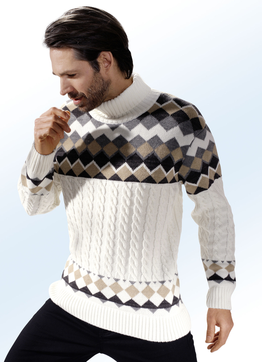 Herrenmode - Rollkragenpullover mit Farb- und Mustermix, in Größe 044 bis 060, in Farbe NATUR-GRAU