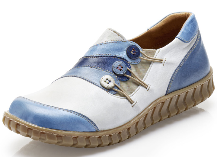 Komfortschuhe - Gemini Slipper mit Zierknöpfen, in Größe 036 bis 042, in Farbe WEISS-JEANS Ansicht 1