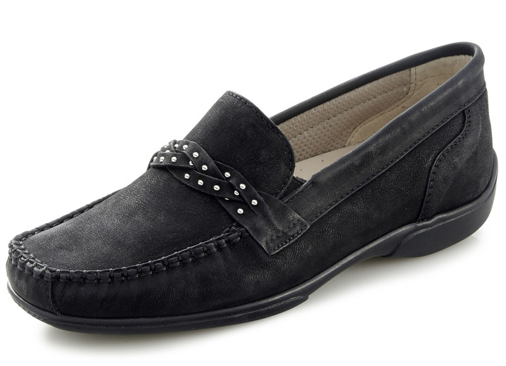 Komfortschuhe - ELENA EDEN Mokassin-Slipper mit nietenbesetzter Spange, in Größe 036 bis 042, in Farbe SCHWARZ Ansicht 1