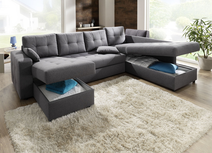 Polstermöbel - Polstermöbel mit Bettfunktion Ansicht 2 Polstermöbel - Polstermöbel mit Bettfunktion, in Farbe GRAU, in Ausführung Wohnlandschaft 160x302x198 cm Ansicht 2