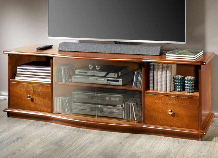 Hifi- &  TV-Möbel - Geräumiges TV-Longboard mit Rauchglastüren, in Farbe KIRSCHBAUM
