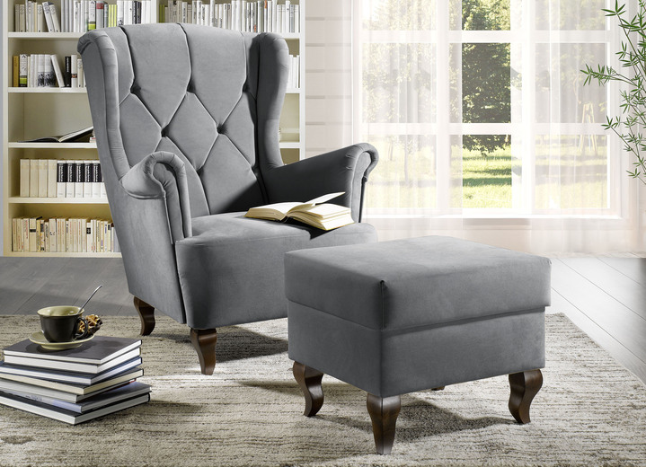 TV- & Relaxsessel - Eleganter Ohrenbackensessel mit Hocker, in Farbe GRAU Ansicht 1