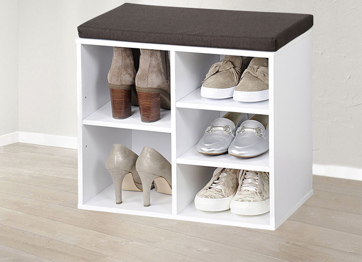 Garderobenmöbel - Schuhbank mit Sitzkissen, in Farbe WEISS Ansicht 1