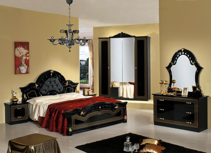 Betten - Schlafzimmerprogramm mit lackierter Hochglanz-Oberfläche, in Farbe SCHWARZ-GOLD, in Ausführung Kommode Ansicht 1