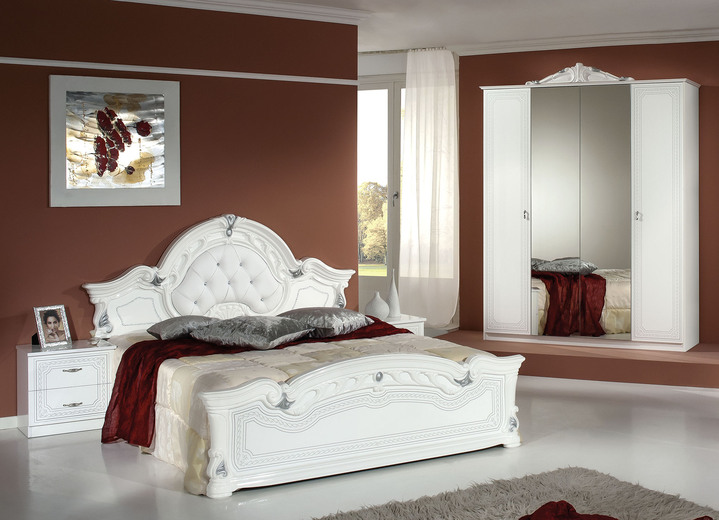 Komplett-Schlafzimmer - Schlafzimmer-Set, 4-teilig, mit Hochglanz-Oberfläche, in Farbe WEISS-SILBER, in Ausführung Set mit 4-türigem Kleiderschrank