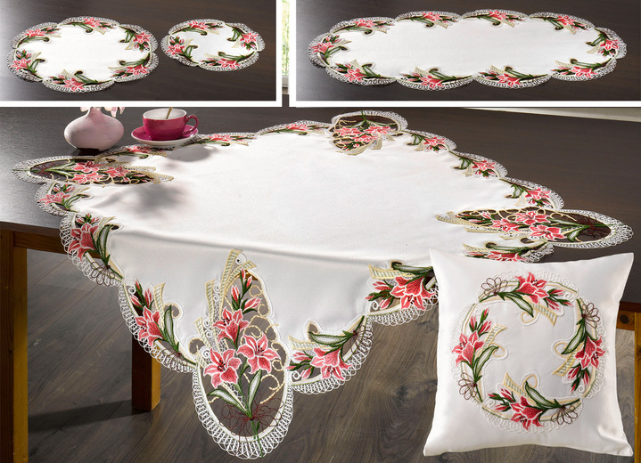 - Tisch- und Raumdekoration aus Plauener Spitze, in Größe 110 (Deckchen, ø 28 cm) bis 404 (Kissenbezug, 40/ 40 cm), in Farbe WEISS-ROSA