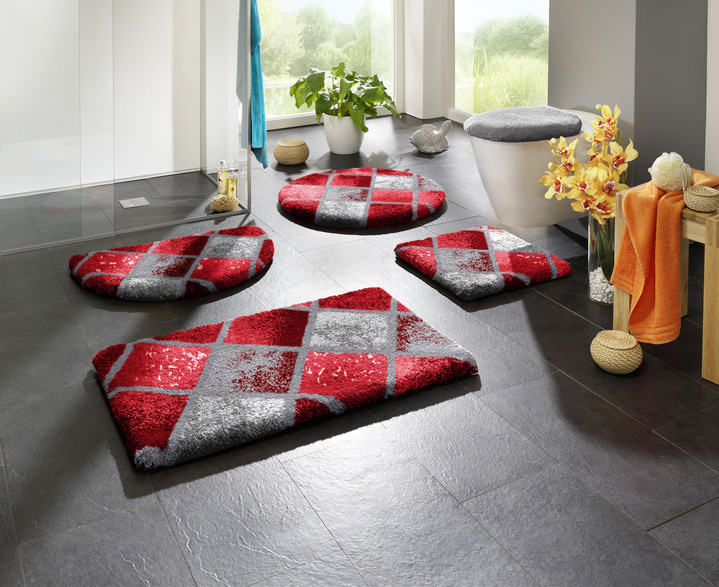 Badgarnituren - Traumhafte Badgarnitur in Supersoft-Qualität, in Größe 100 (Vorleger halbrund, 50/ 80 cm) bis 112 (WC-Deckelbezug, 47/ 50 cm), in Farbe ROT-GRAU Ansicht 1