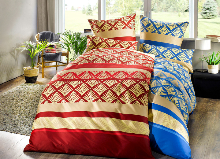 Bettwäschegarnituren - Hochwertige Bettwäsche-Garnitur mit Reaktiv-Druck, in Größe 111 (40/80 cm + 135/200 cm) bis 312 (2x80/80 cm + 1x200/200 cm), in Farbe BLAU-GOLD