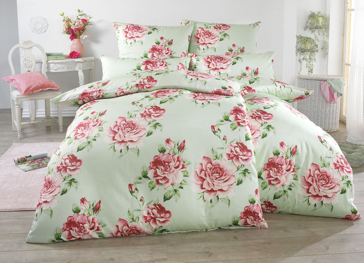 Jetzt wird's blumig - Bettwäsche-Garnitur aus Satin, in Größe 111 (40/80 cm + 135/200 cm) bis 115 (80/80 cm + 155/220 cm), in Farbe GRÜN
