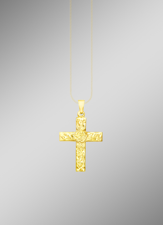 ohne Steine / mit Zirkonia - Klassischer Kreuz-Anhänger mit Struktur, in Farbe  Ansicht 1