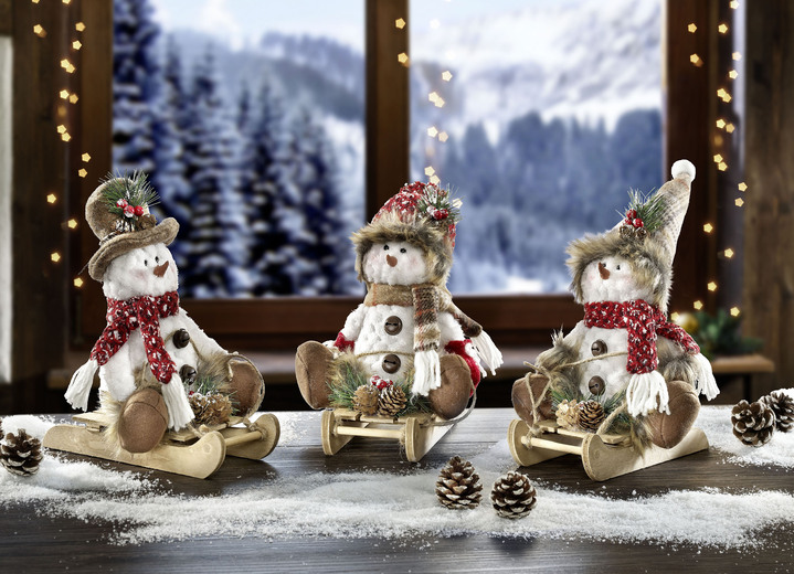 Weihnachtliche Dekorationen - Schneemänner, 3er-Set, auf Schlitten aus Holz, in Farbe BUNT