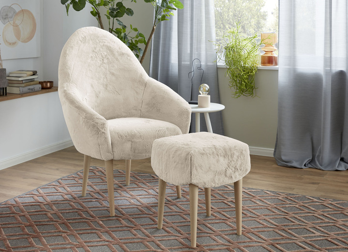 Polstermöbel - Sessel mit Hocker mit flauschigem Stoffbezug, in Farbe CREME Ansicht 1
