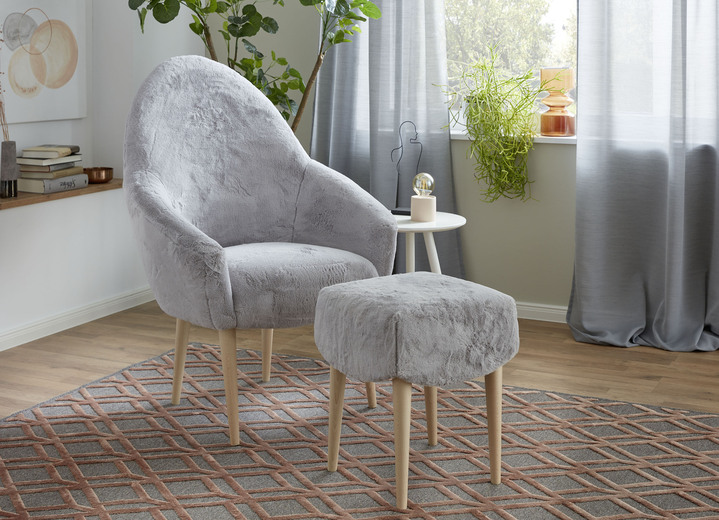 - Sessel mit Hocker mit flauschigem Stoffbezug, in Farbe GRAU