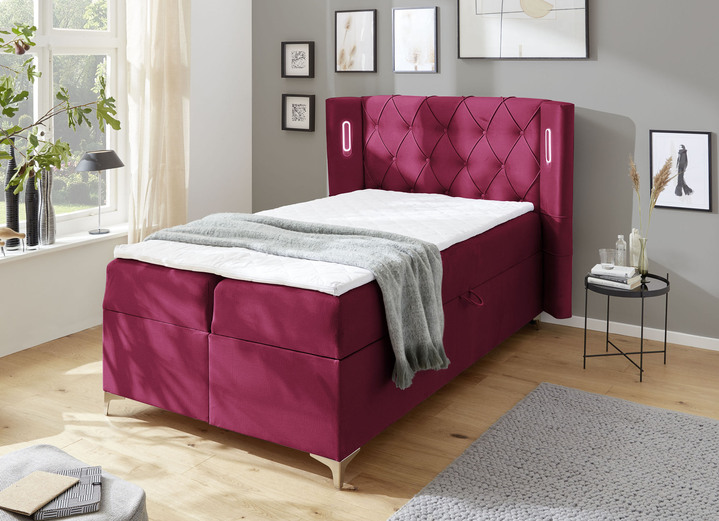 - Boxspringbett mit Topper und 2 Bettkästen, in Farbe ROT