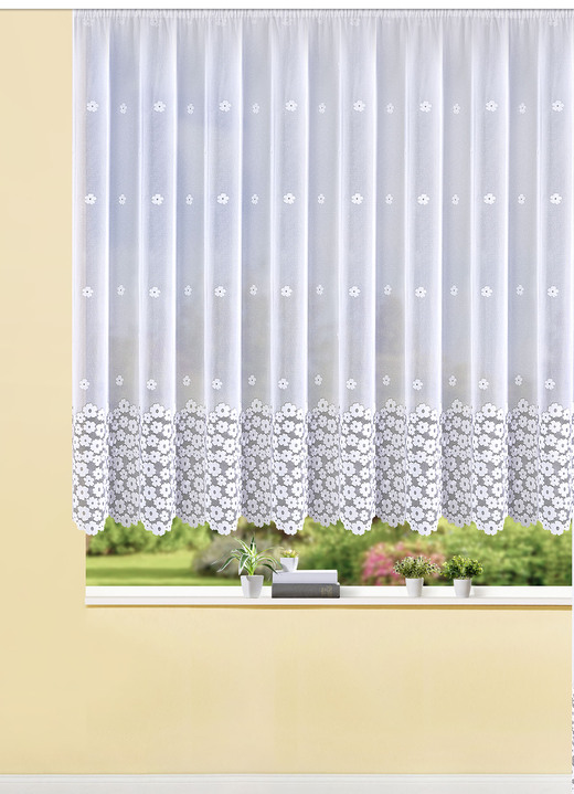 Klassisch - Halbtransparenter Blumenfensterstore mit Blümchen-Motiv, in Größe 145 (120x600 cm) bis 165 (145x600 cm), in Farbe WEISS Ansicht 1