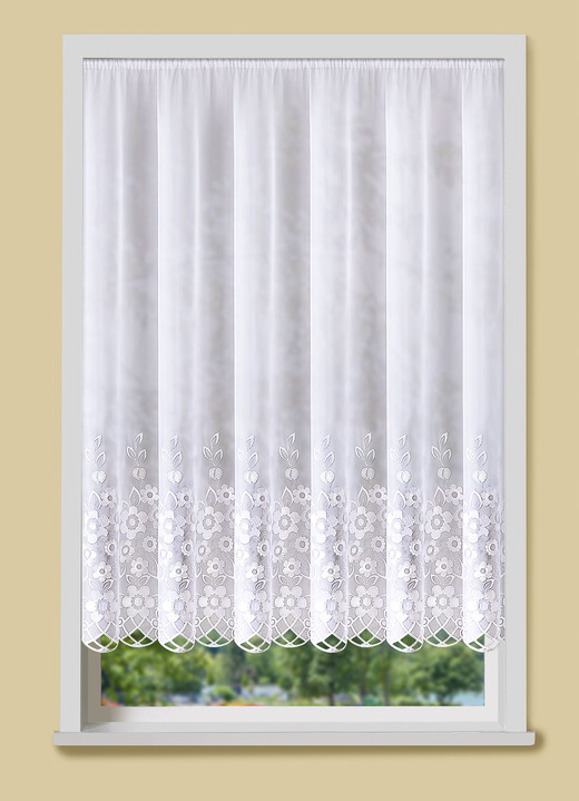 Klassisch - Blumenfenster-Store mit echter Plauener Stickerei, in Größe 143 (H125xB450 cm) bis 181 (H175xB600 cm), in Farbe WEISS Ansicht 1