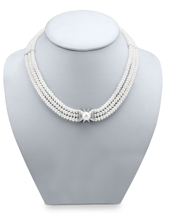 mit Perlen - 3-reihige Halskette mit Süßwasser-Zuchtperlen Ansicht 2 mit Perlen - 3-reihige Halskette mit Süßwasser-Zuchtperlen, in Farbe  Ansicht 2