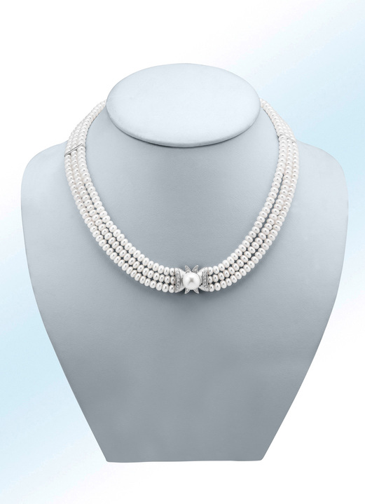 mit Perlen - 3-reihige Halskette mit Süßwasser-Zuchtperlen, in Farbe