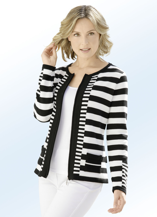 Jacken, Westen & Sets - Strickjacke in dekorativem Streifendessin, in Größe 036 bis 052, in Farbe SCHWARZ-ECRU Ansicht 2
