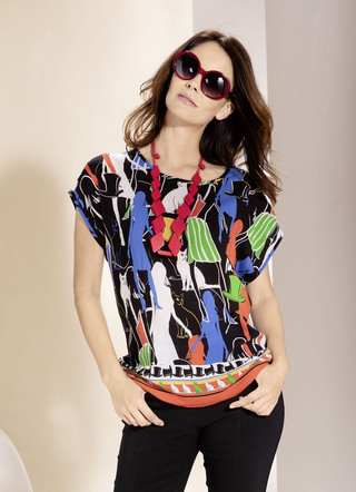 - Bunte Tunika mit Katzen-Motiv, in Größe 036 bis 052, in Farbe SCHWARZ-BUNT – Farbe SCHWARZ-BUNT – Ansicht 