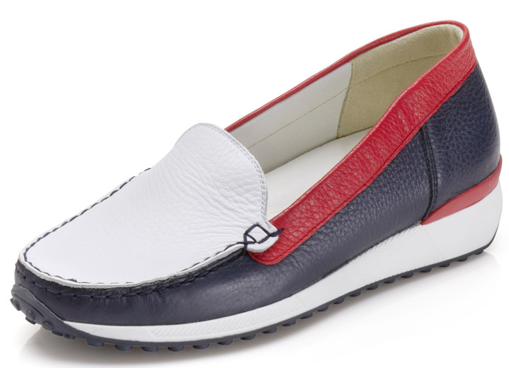 Komfortschuhe - Waldläufer Slipper aus weichem Hirschleder, in Größe 3 1/2 bis 8, in Farbe BLAU-WEISS-ROT Ansicht 1