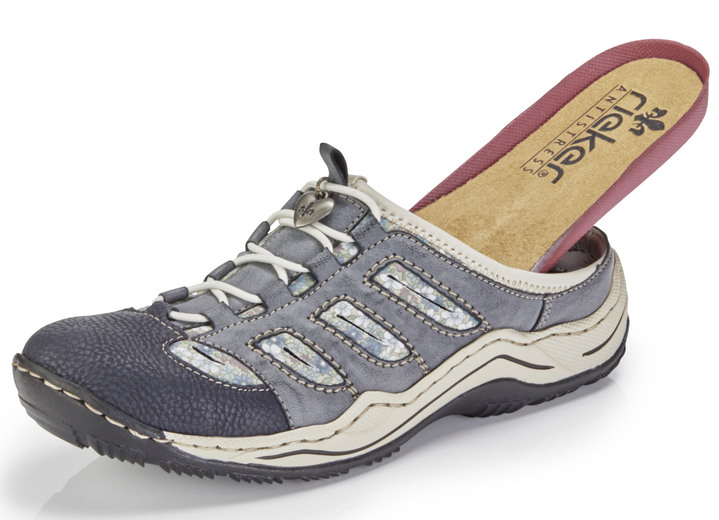 Sandaletten & Pantoletten - Rieker, klassische Damen-Clogs, mit Elastik-Zierschnürung, in Größe 036 bis 043, in Farbe JEANS-BEIGE Ansicht 2