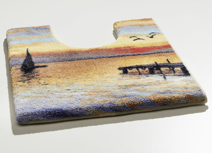 - Aufsehenerregende Badgarnitur, in Größe 100 (Vorleger halbrund, 50/ 80 cm) bis 112 (Motiv-WC-Deckelbezug, 47/ 50 cm), in Farbe GELB-BLAU Ansicht 2