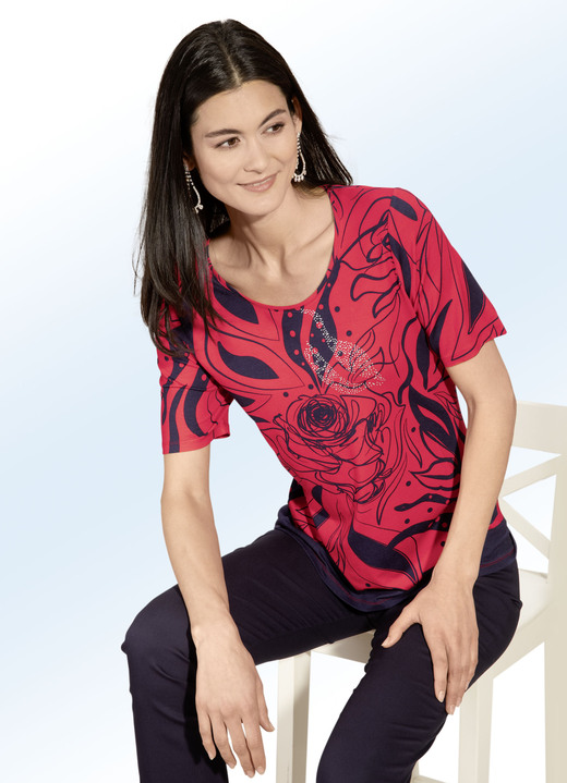 - Shirt mit rundem Halsausschnitt in 2 Farben, in Größe 038 bis 054, in Farbe ROT-MARINE