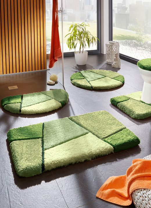 Badgarnituren - Farbenfrohe Badgarnitur mit rutschhemmender Rückseite Ansicht 3 Badgarnituren - Farbenfrohe Badgarnitur mit rutschhemmender Rückseite, in Größe 100 (Vorleger halbrund, 50/ 80 cm) bis 110 (Hänge-WC-Garnitur 2-teilig), in Farbe GRÜN Ansicht 3