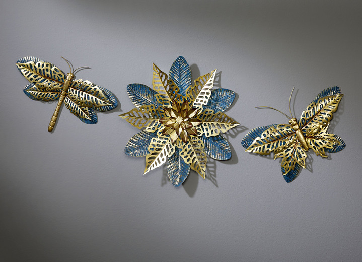 Metall-Wandbilder - Wanddekoration aus Metall, in Farbe GOLD-BLAU, in Ausführung Libelle