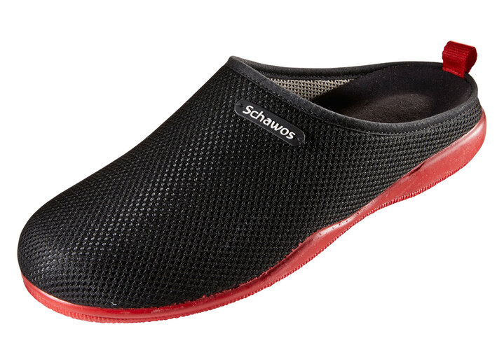 Hausschuhe - Pantoffeln mit rutschhemmender Synthetik-Laufsohle, in Größe 036 bis 041, in Farbe SCHWARZ-GELB Ansicht 2